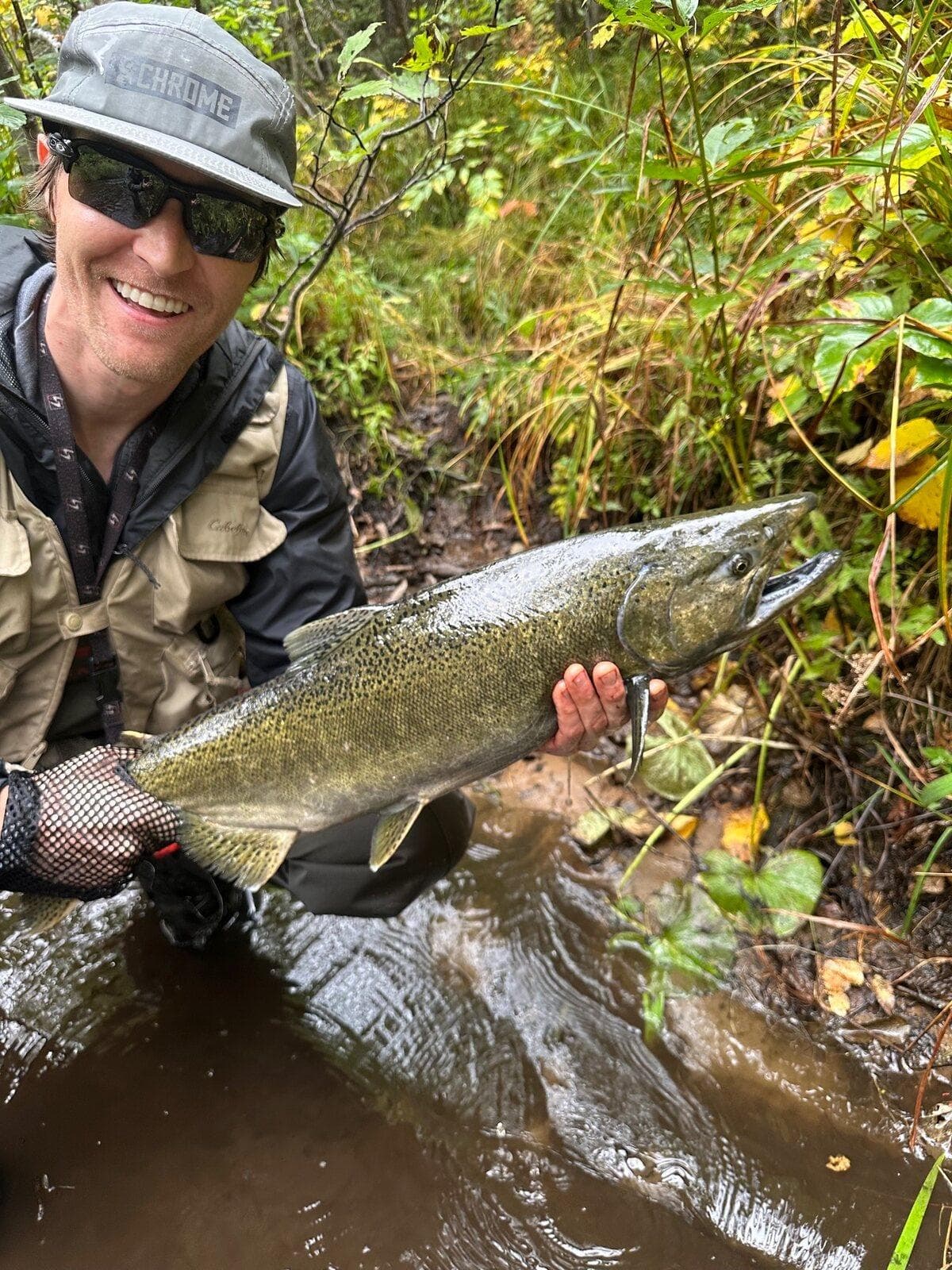 An angler crouched among streamside brush holding a dark fall Chinook salmon